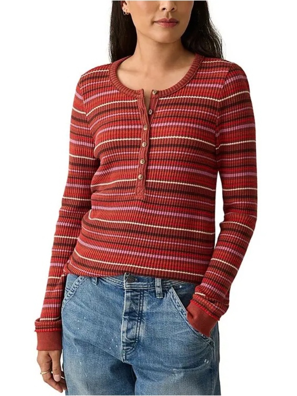 Faherty Brand Legend Waffle Henley Top Partial Button Down Burgundy Stripe Sz S